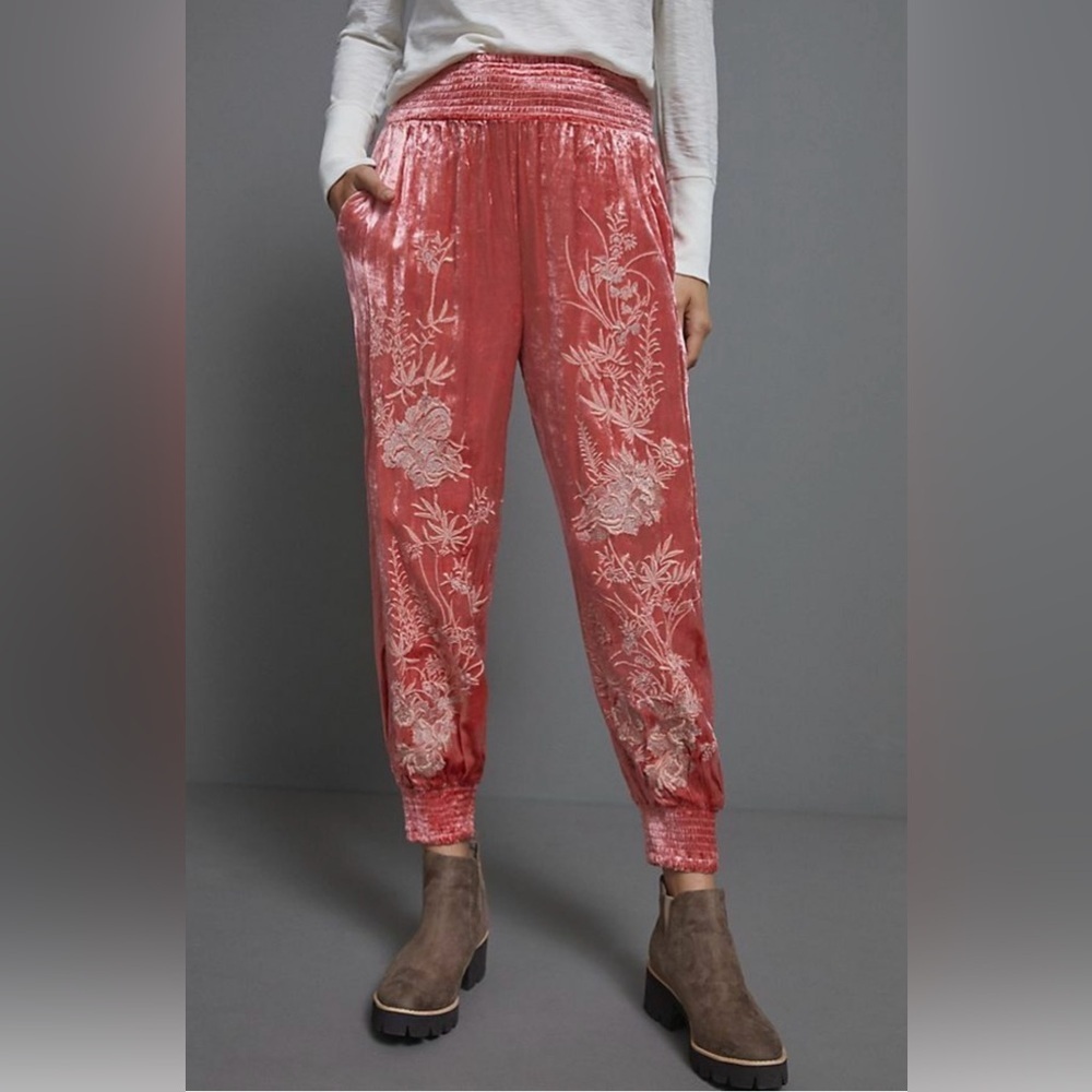 Anthropologie Rosie Floral Embroidered Crushed Velvet Joggers XS EUC